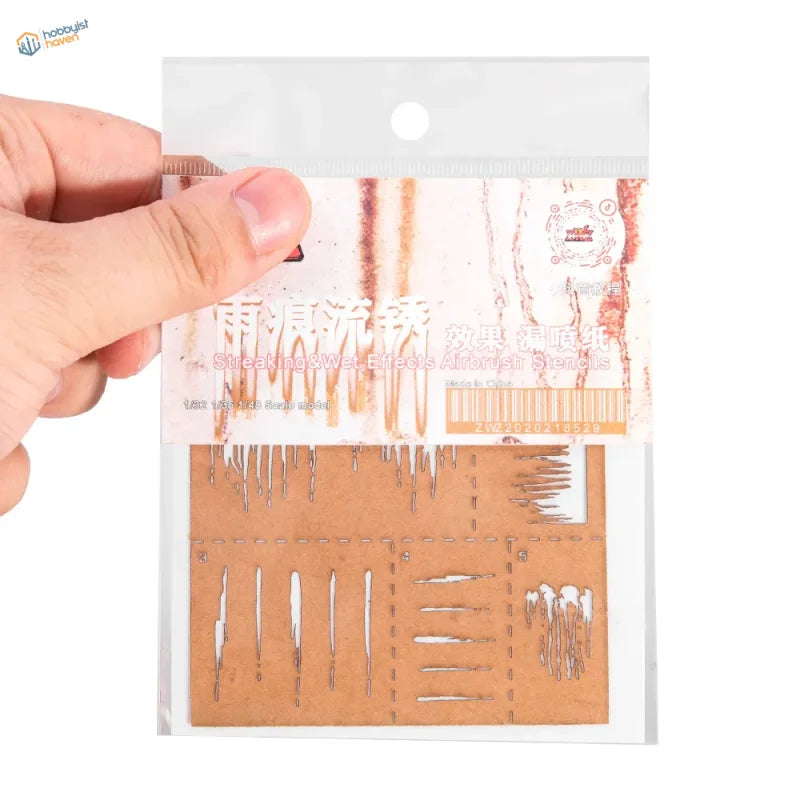 Brown cardboard weathering effects stencils with metallic patterns for scale modeling
