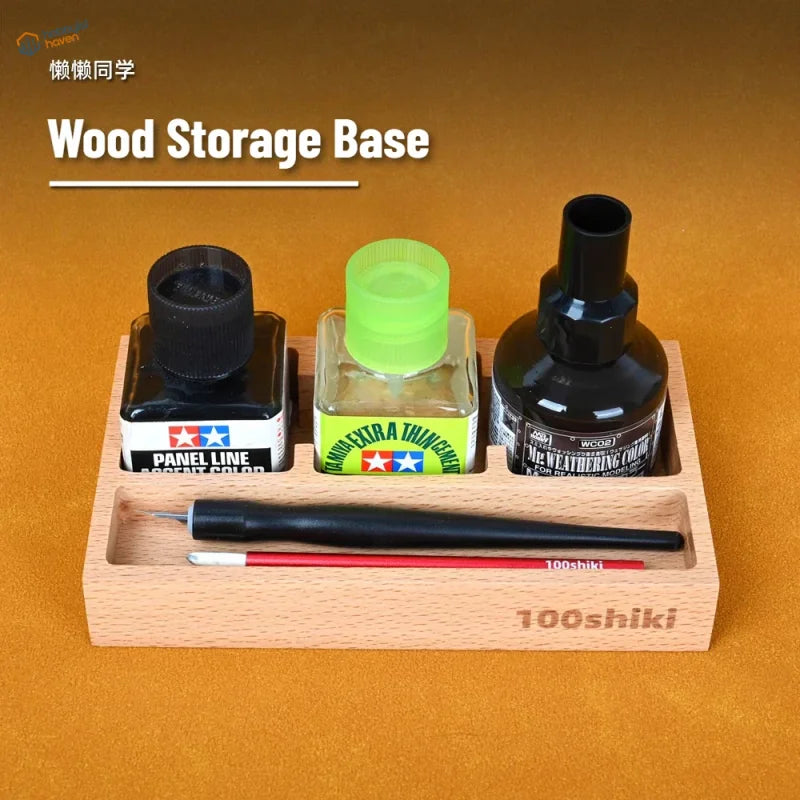 Wood base for panel liner paint holding bottles and brushes, scale modeling tools