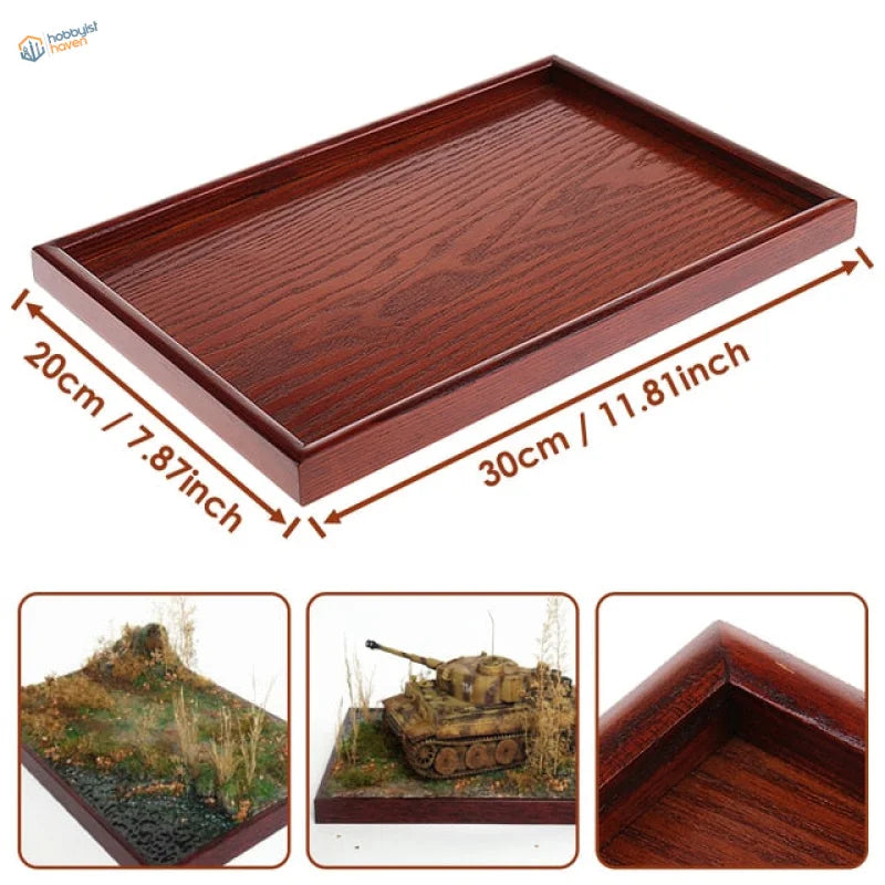 Rectangular wooden base for dioramas with dark reddish-brown grain