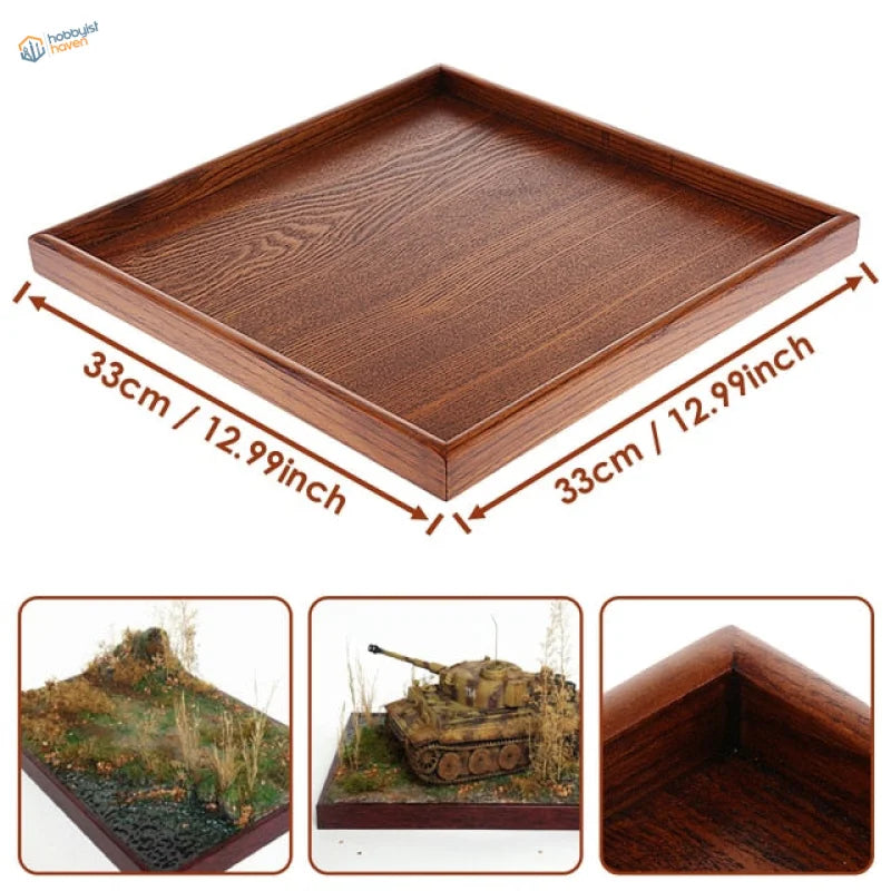 Square wooden base for dioramas with rich brown grain, scale modeling tool