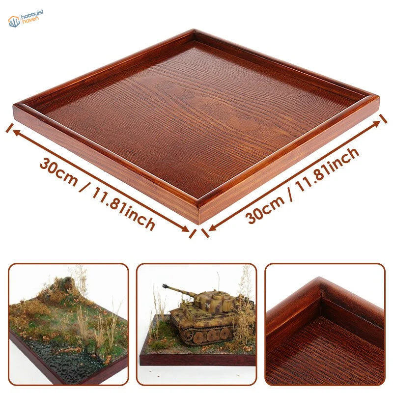 30cm square wooden base for dioramas, rich brown finish, wood grain