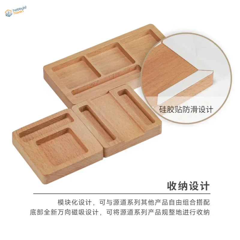 Wooden glue holder with light brown modular trays, magnetic base, silicone feet