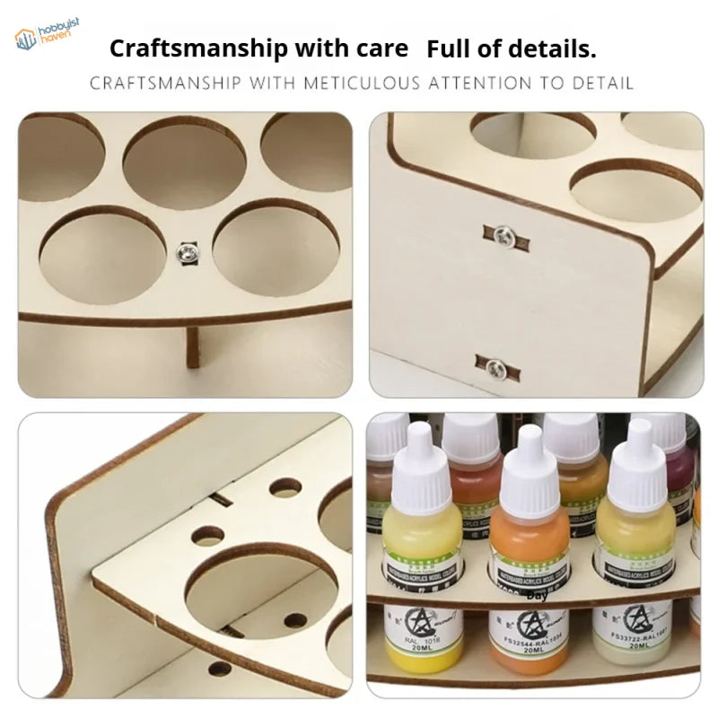 Light-colored wooden paint bottle rack organizer with circular cutouts and minimalist design for precision hobby tools
