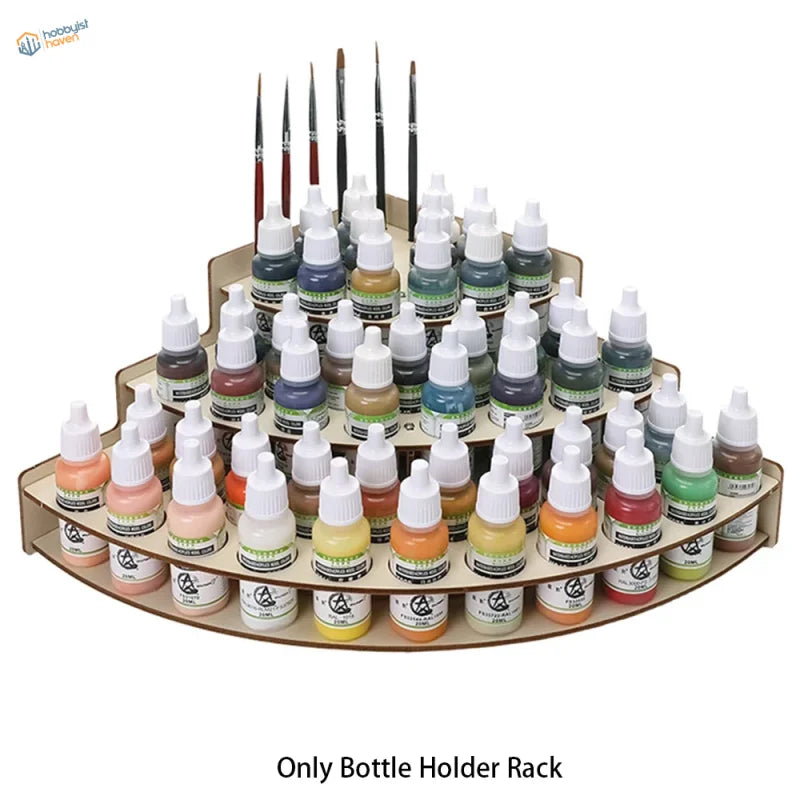 Wooden paint bottle rack organizer with three-tiered curved design in light brown wood for precision hobby tools