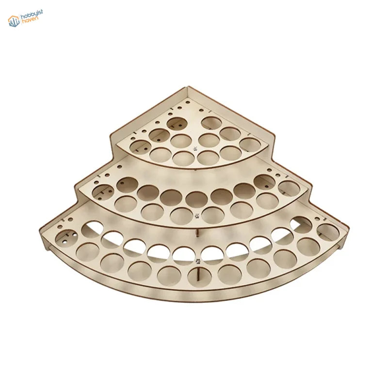 Beige metallic three-tiered corner organizer with circular cutouts for wooden paint bottle rack suitable for scale modeling tools