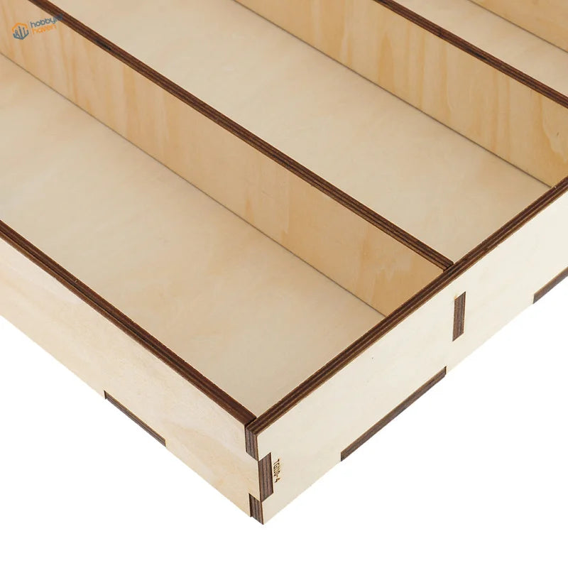 Wooden paint glue bottles rack with light wood and dark trim dividers