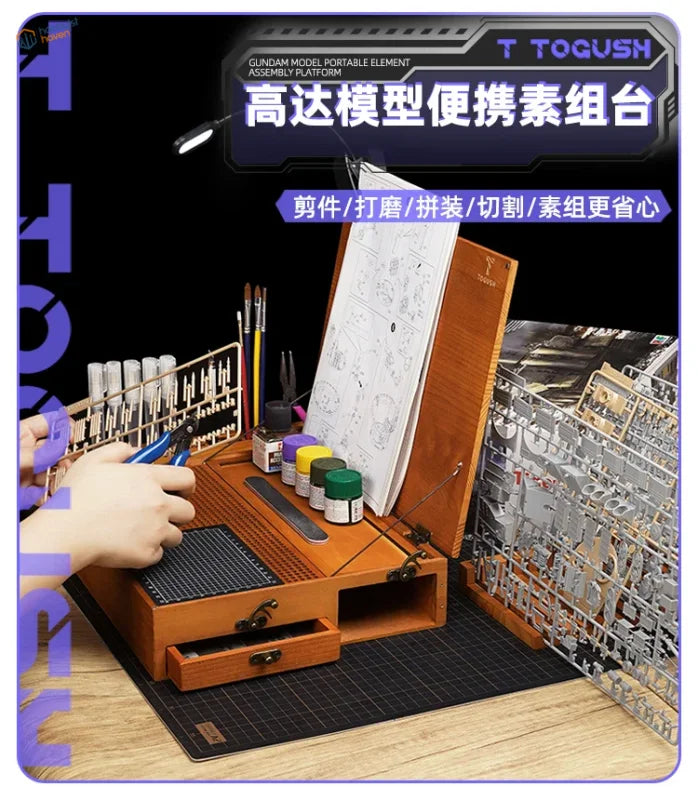 Wooden portable hobby station with integrated tools and storage compartments for togush gundam model assembly