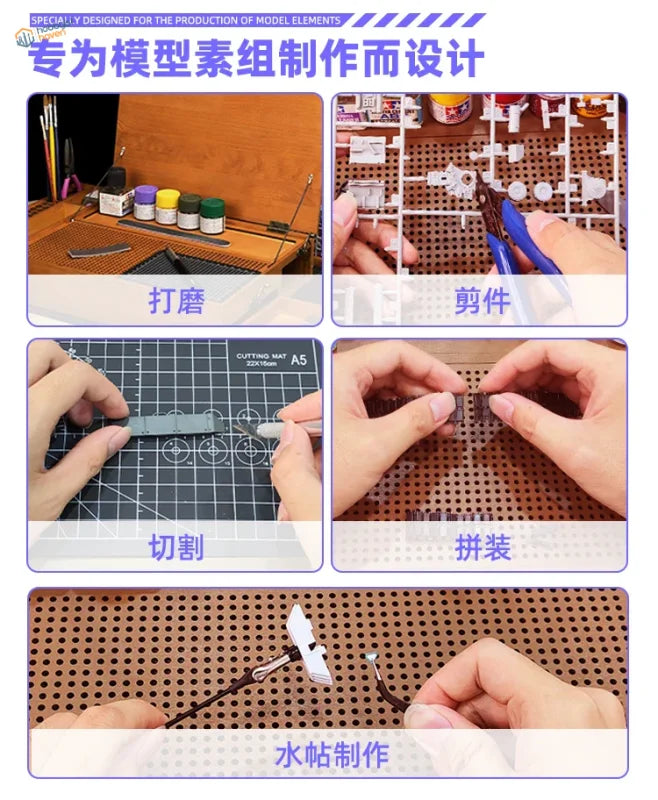 The wooden portable hobby station features tools and materials for model kit assembly with a portable hobby setup
