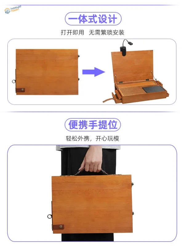A light brown wooden portable hobby station with built-in lamp and adjustable tray for versatile crafting use