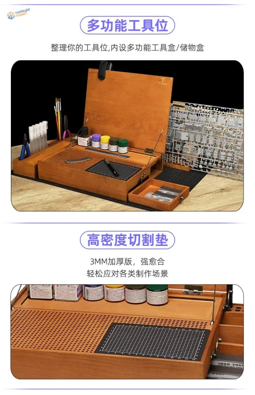 Wooden portable hobby station with multiple compartments mesh cutting mat and paint bottle storage for portable hobby use