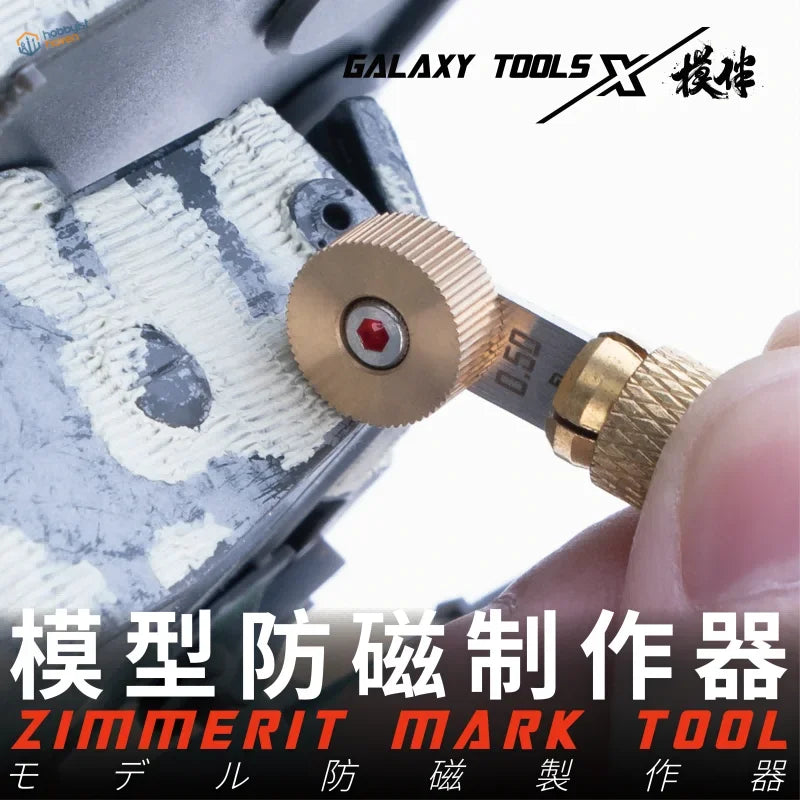 Gold Zimmerit making tool with red gemstone and Galaxy Tools x engraving