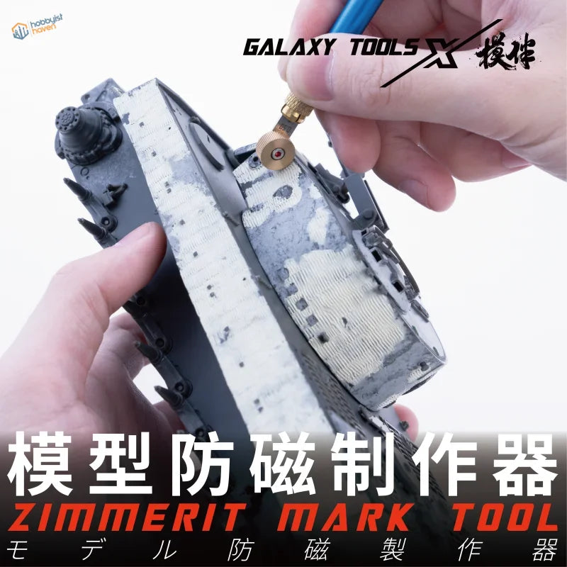 Zimmerit making tool with blue handle and gold tip for gray tank model