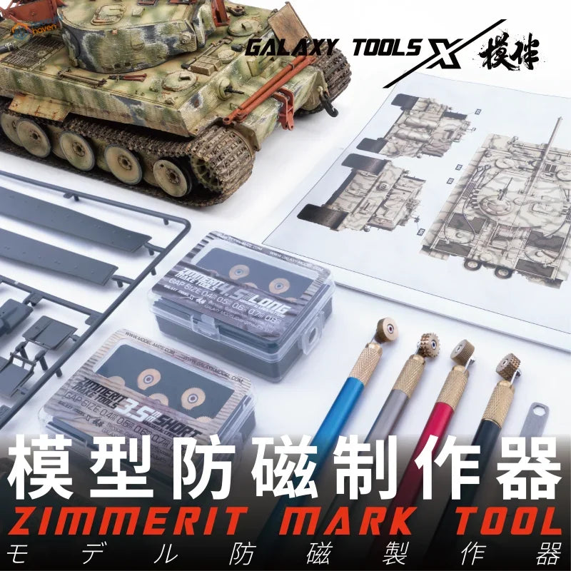 Camouflage-painted tiger tank model kit with detailed plastic parts and precision tools for assembly.