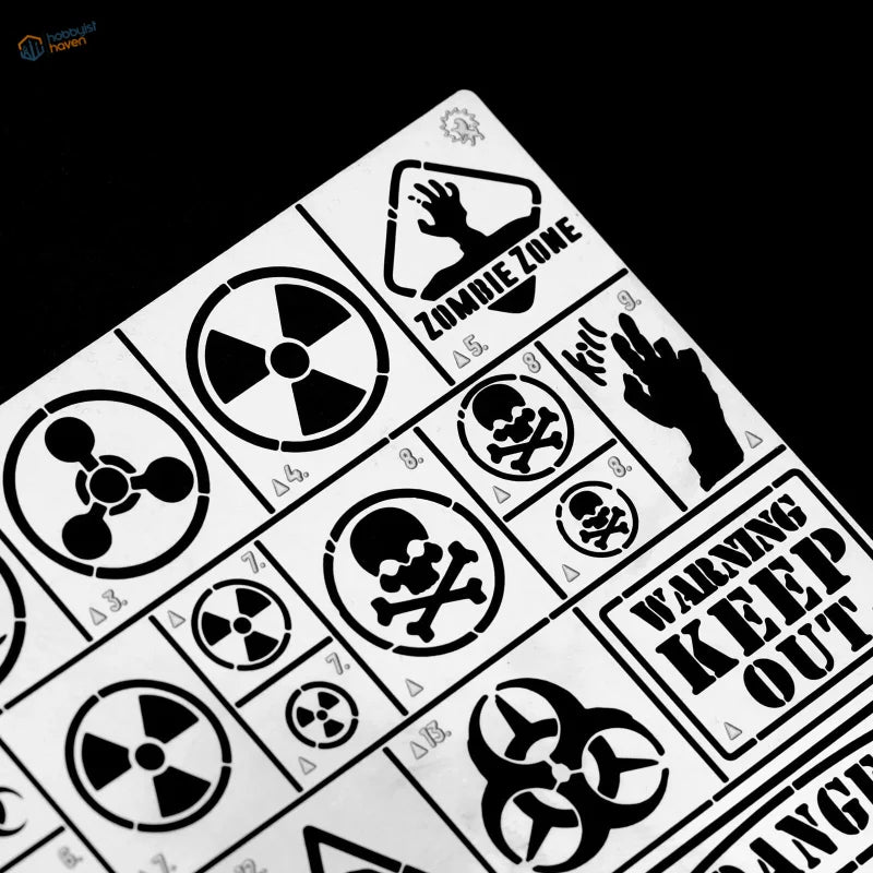 Zombie contamination stencil with skull, biohazard symbols for scale modeling tools
