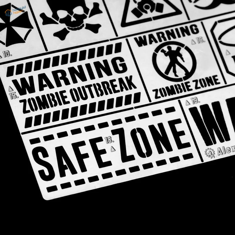 Zombie contamination stencil with warning zombie outbreak safe zone for scale modeling tools