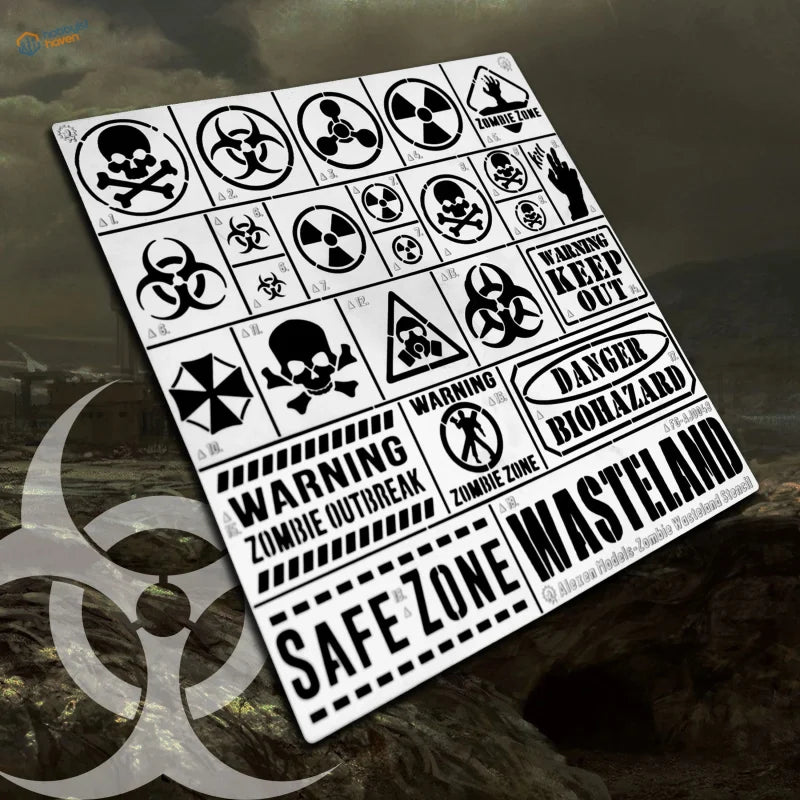 Zombie contamination stencil sheet for scale modeling tools