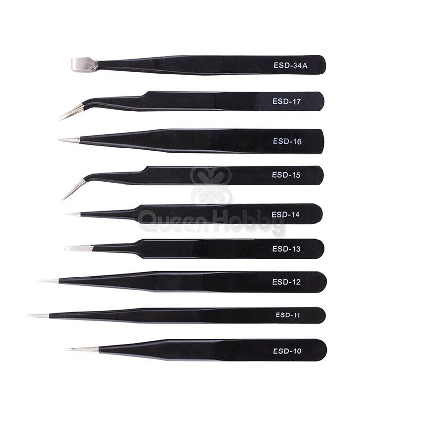 Set de 9 pcs Pinzas de Precisión Antiestáticas de Acero Inoxidable