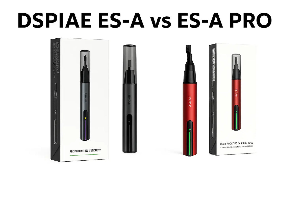 The dspiae es-a pro and es-a original are sleek cylindrical electric sanders with matte black and red bodies and clear caps