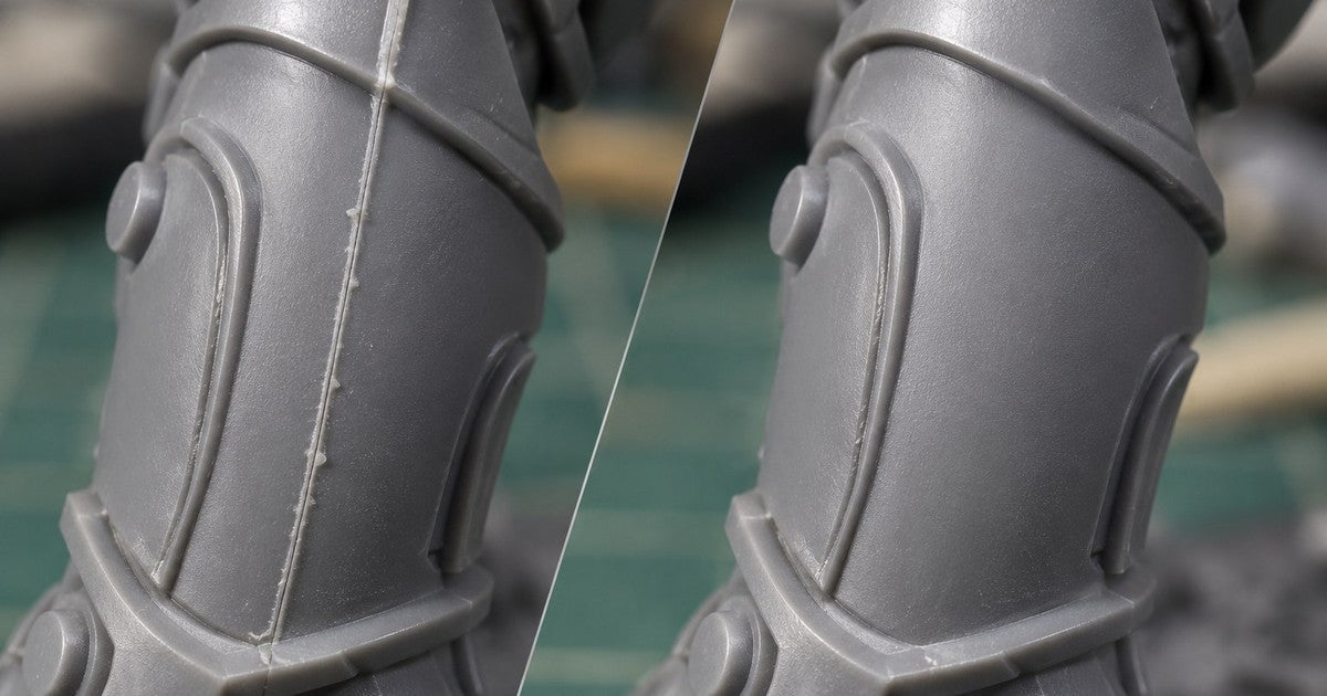 Illustration of a gray miniature armor part before and after mold line removal: a raised seam on the left, a smooth surface on the right