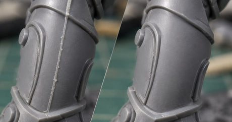 Illustration of a gray miniature armor part before and after mold line removal: a raised seam on the left, a smooth surface on the right