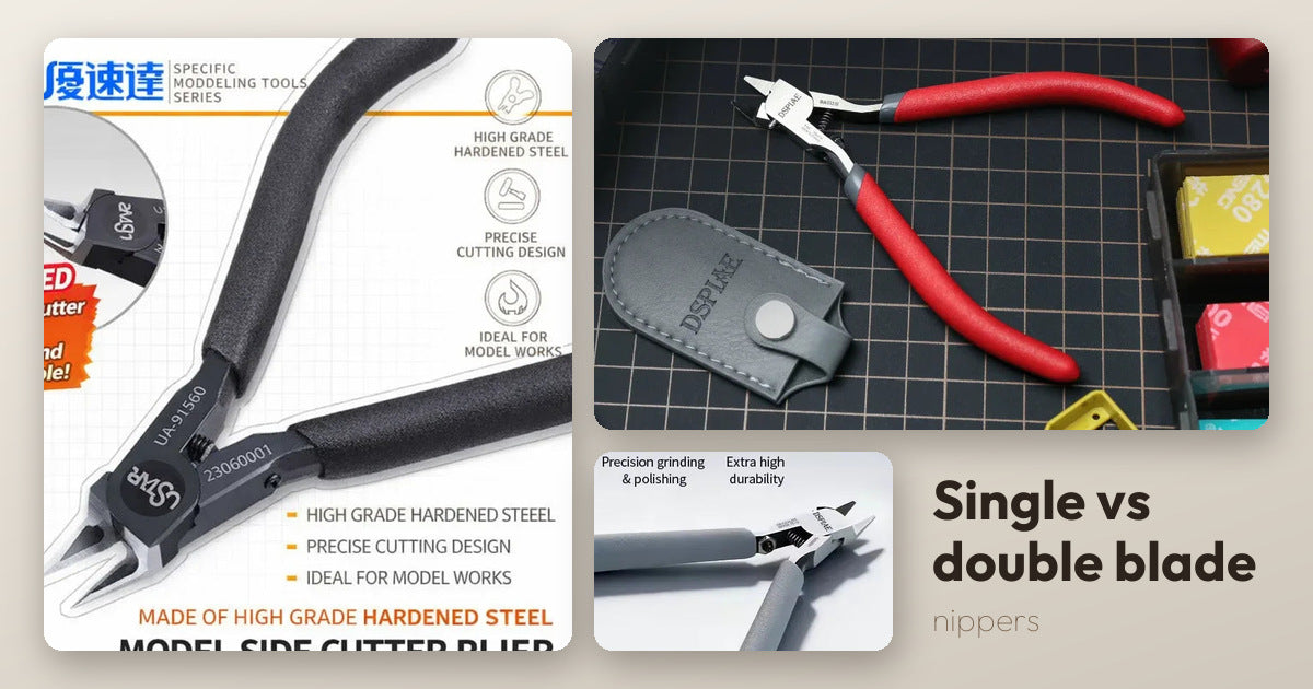Three hobby nippers: a black UStar dual-edge nipper head close-up, a red-handled DSPIAE single-blade nipper beside its protective case on a cutting mat, and the grey DSPIAE ST-C2 single-blade nipper