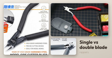 Three hobby nippers: a black UStar dual-edge nipper head close-up, a red-handled DSPIAE single-blade nipper beside its protective case on a cutting mat, and the grey DSPIAE ST-C2 single-blade nipper