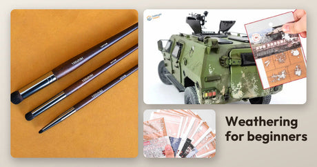 Three 100Shiki dry brushes, a weathered green military vehicle model and a fan of chipping weathering stencils