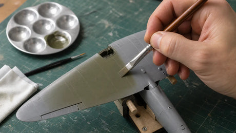 Hand brush-painting a scale model aircraft with a thin olive-green coat on a hobby workbench.