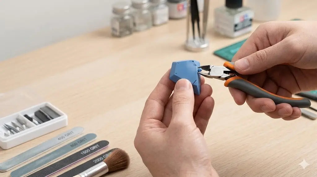 Blue geometric-shaped clay sculpture being trimmed with pliers to remove nub marks in gunpla modeling