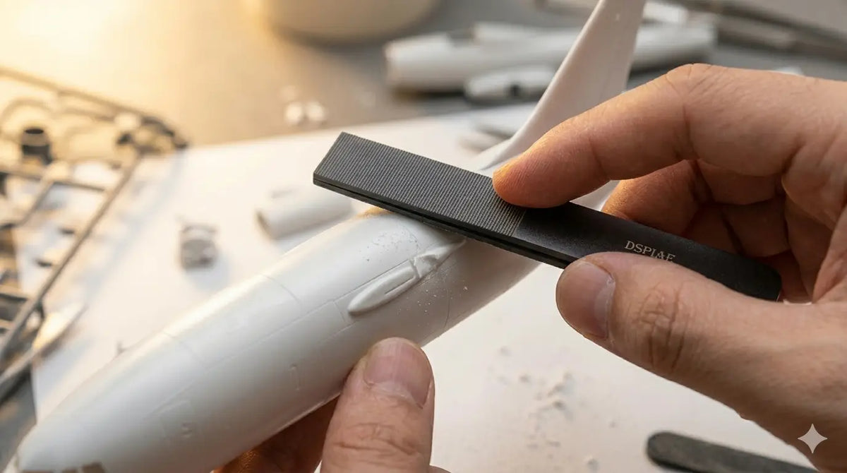 Sanding block smoothing a plastic scale model part