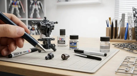 Black and white plastic gundam model being painted with fine-tipped markers on grid mat demonstrating joint strengthening pen use
