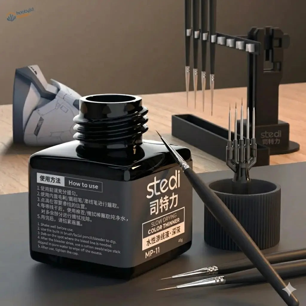 Black glass bottle of stedi brand slow drying color thinner mp-11 for panel line washing in gunpla and scale models
