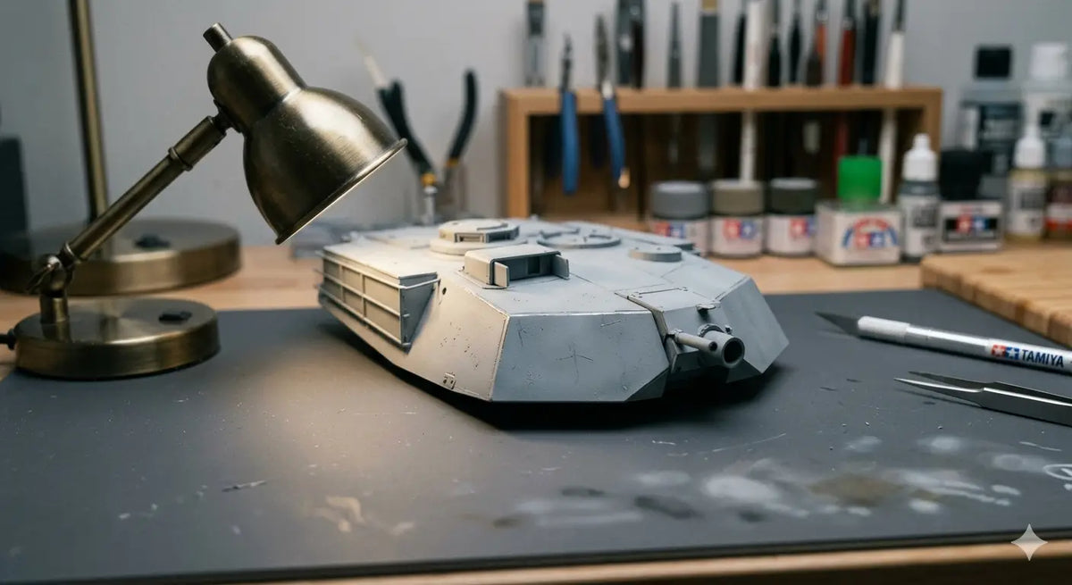 Plastic scale model tank prepared for primer on a hobby workbench