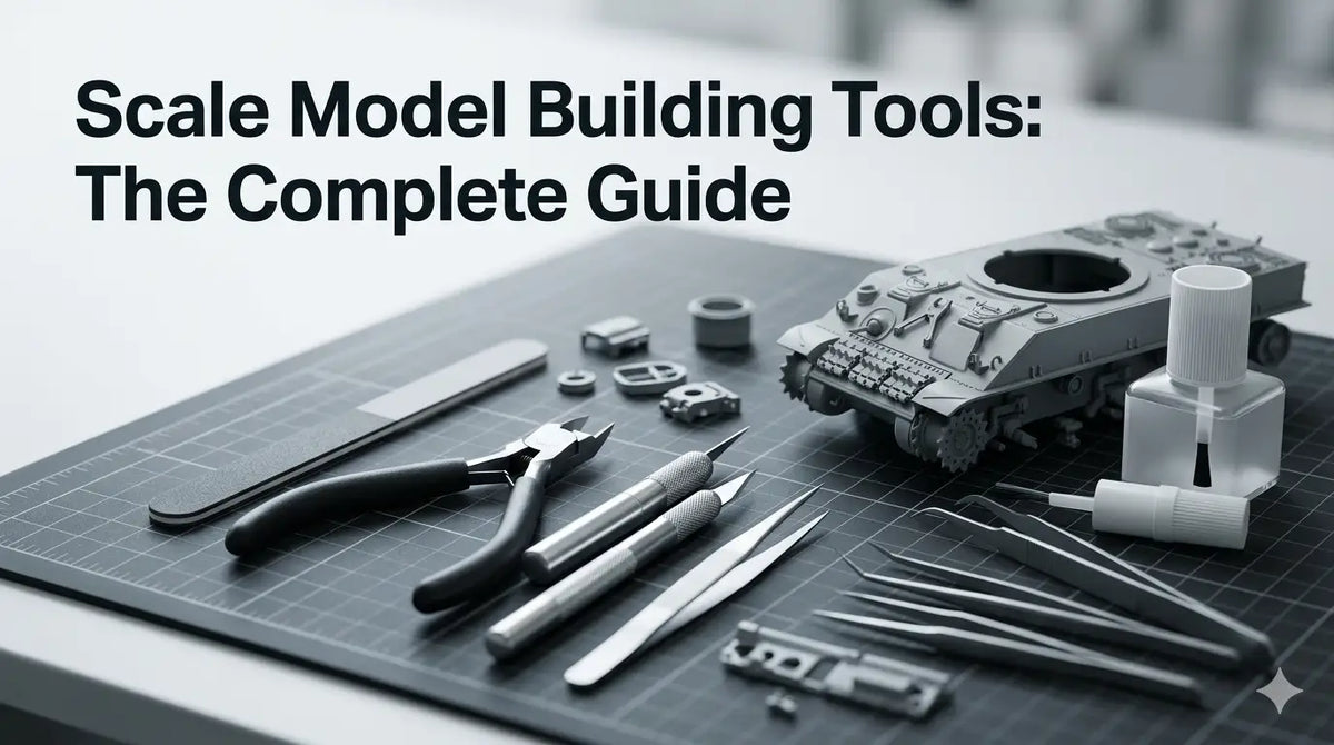 Scale model tank on a workbench with model building tools