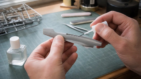 Scale model parts and hobby adhesives on a modeling workbench