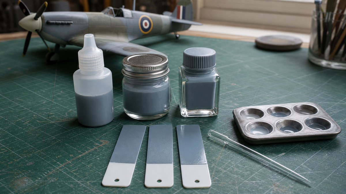 Three unbranded model paint containers with test swatches comparing acrylic, enamel and lacquer finishes.