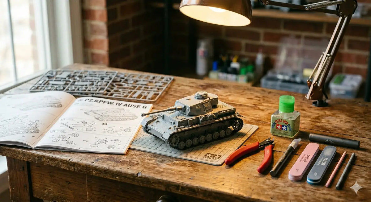 Scale model tank on a hobby workbench with modeling tools