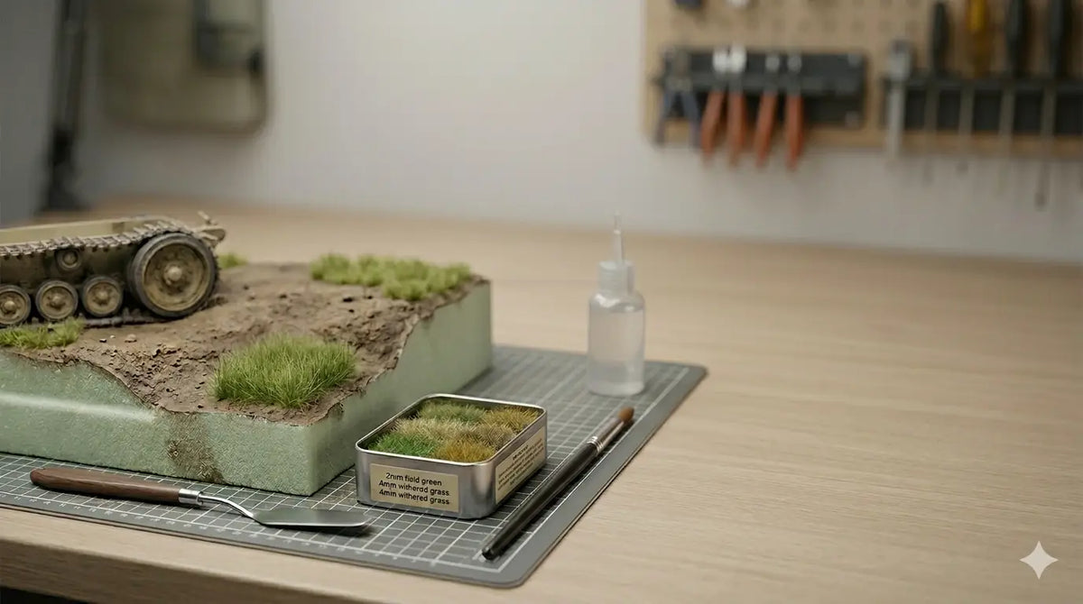 Scale model tank on a diorama base with upright static grass