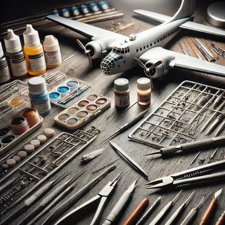 Scale model airplane with essential hobby tools on a cutting mat