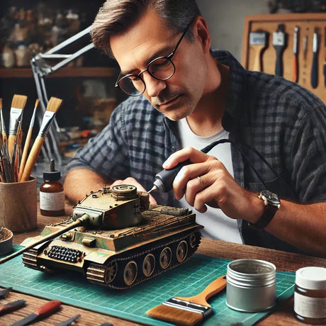 A detailed olive-green and brown camouflage model tank with realistic metallic details for scale modeling level tools.