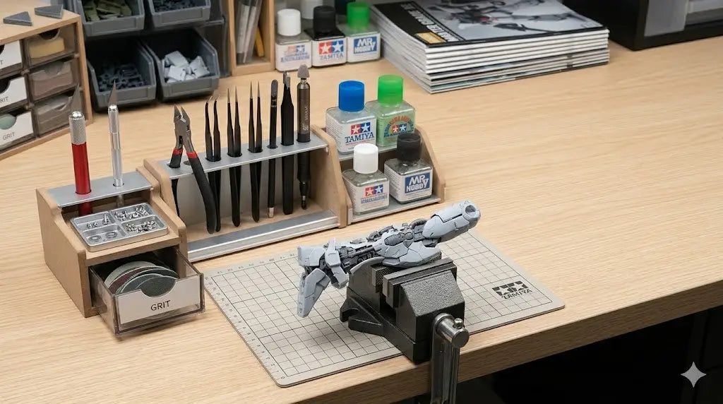 Partially assembled model kit secured on an organized hobby workbench