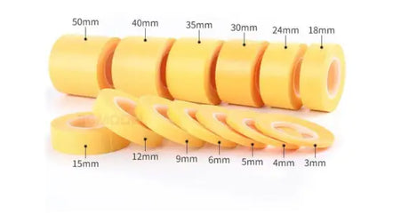 Yellow adhesive tape rolls in various sizes from 3mm to 50mm for precision hobby tools and model building tools