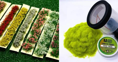 Bright lime green static grass in a clear container with black lid for realistic vegetation in scale modeling tools.