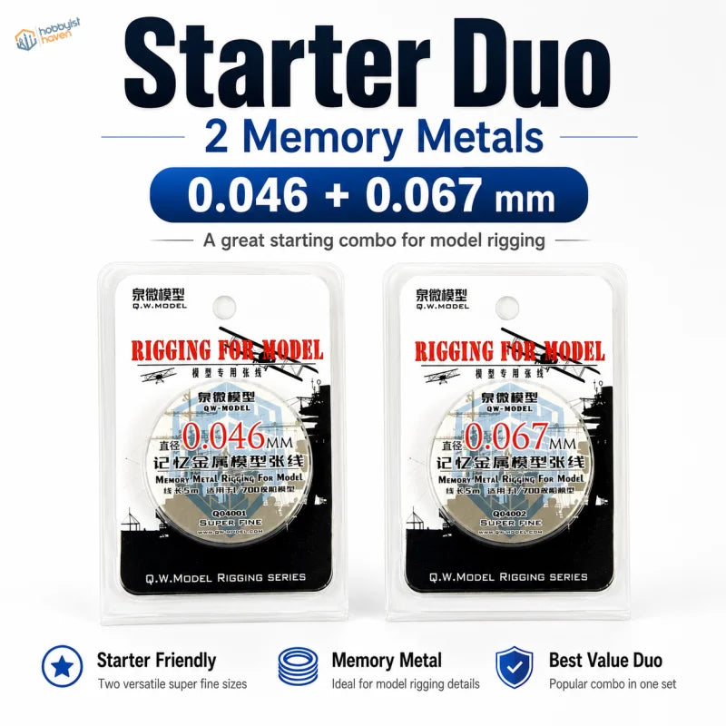 Starter duo memory metal rigging wire set with two super fine diameters in clear packaging for fine rigging use