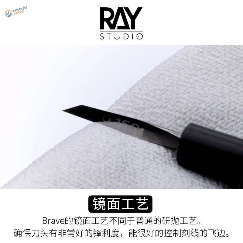 Precision tungsten carving knife with black handle on white fabric