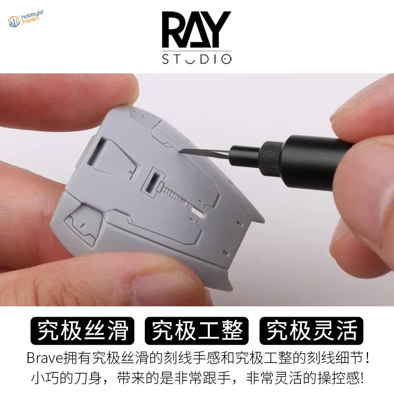 Detailing gray Gundam model head with 0.075mm precision tungsten carving knife