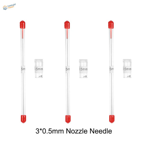 Three 0.5mm transparent airbrush needles with red caps in white containers