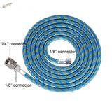 Blue and green braided air hose with 1/4 and 1/8 inch connectors for dual action airbrush