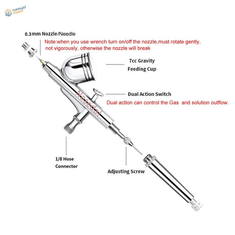 Silver dual action airbrush with 0.3mm nozzle and 7cc cup