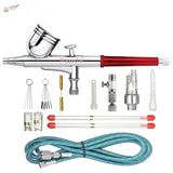 Nasadal 0.3/0.5mm dual action airbrush with red chrome finish, cup, nozzles, hose